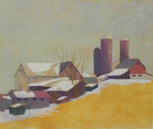 Completed layers of soft pastel on buildings and snow on roofs