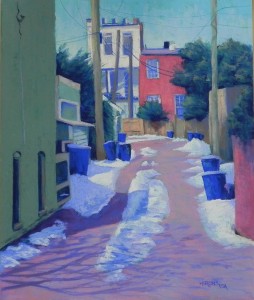 Alley with Blue Trash Cans, 24 x 20, Pastel Premiere 400