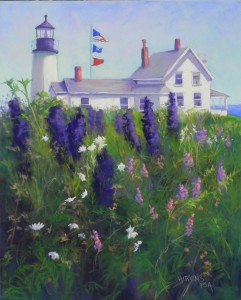 Lighthouse with Delphiniums, 20" x 16", pastelbord