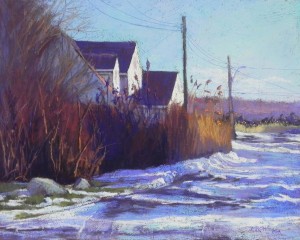 Shore Houses in Winter, 16" x 20", resurfaced Pastelbord