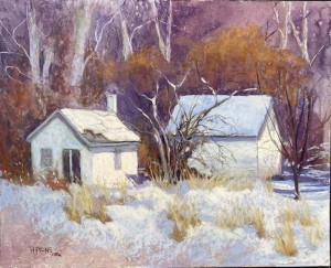 Farm Buildings in Snow, 16" x 20", Pastel Premiere white, medium grit